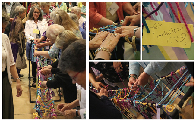 Sisters, affiliates, honored guests and FSPA staff build a bridge of goodness with yarn carrying their declarations of kindness
