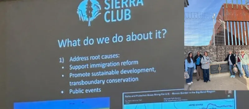 a presentation slide by Sierra Club Borderlands encourages ways to address root causes of migration; inset photo is of six women standing in front of US-Mexico border 