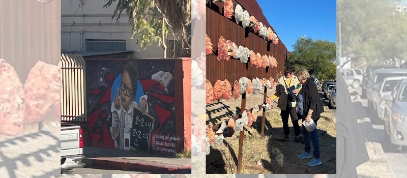 mural of boy pointing to the US from the Mexico side and paper mache sculptures of faces hung in front of the nogales border wall
