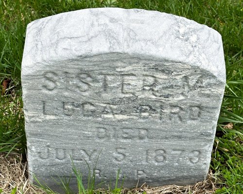 Small gray gravestone in green grass of cemetery for Sister M. Luca Bird who died July 5 1873.
