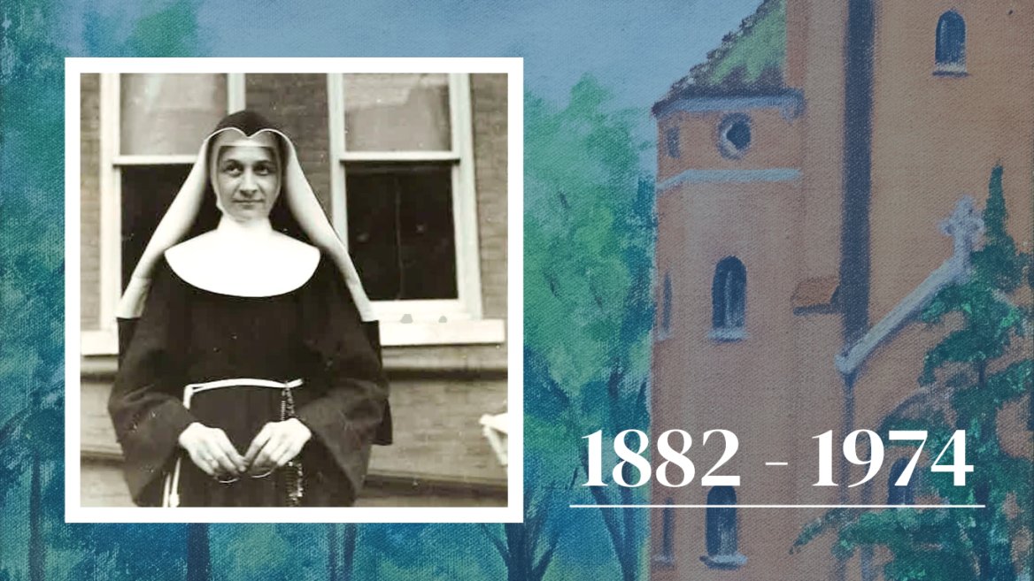 Black and white polaroid photo of Franciscan Sister of Perpetual Adoration Marietta Hackner, in full habit, posing in front of two exterior building windows, over an oil painting of St. Rose Convent in La Crosse, Wisconsin, dated 1882 - 1974