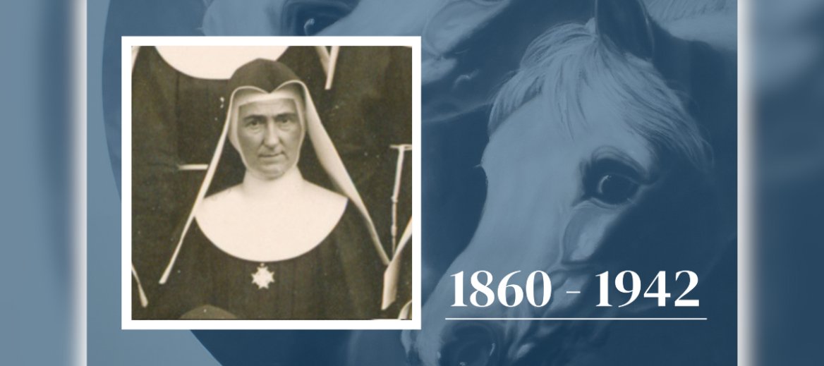 Black and white photo of nun in full habit over image of an oil painting featuring a group of horses with dates 1860 - 1942