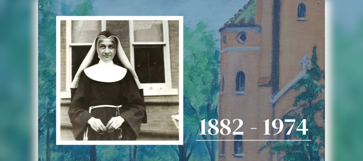 Black and white polaroid photo of Franciscan Sister of Perpetual Adoration Marietta Hackner, in full habit, posing in front of two exterior building windows, over an oil painting of St. Rose Convent in La Crosse, Wisconsin, dated 1882 - 1974