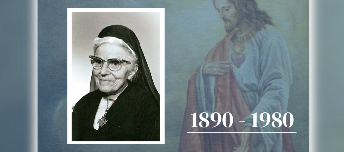 Black and white polaroid photo of Franciscan Sister of Perpetual Adoration Claretta Fornefeld, wearing black habit, black coat, white turtleneck, FSPA medal and cat-eye glasses, over an oil image of Jesus Christ, dated 1890-1980