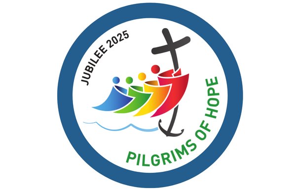 Circle graphic in navy blue frame featuring a blue, a green, a yellow and a red person holding a black cross above water