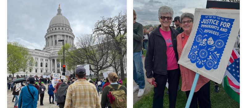 Left image: People marhcing to the Wisconsin Sate Capitol on May Day. Right image: Sisters Lucy Slinger and Laura Nettles