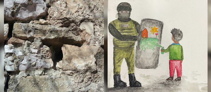 Tau cross stone wall in Assisi, Italy and Hope drawing by Jose Maria Rojas Nunez