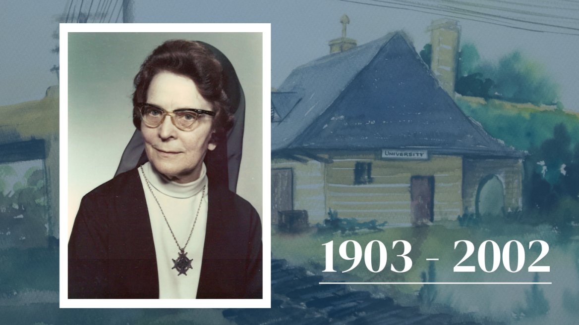 A picture of Franciscan Sister of Perpetual Adoration Rosita Weiler wearing black habit, white shirt, black sweater, black glasses and silver medallion over a painting of a train depot and tracks.