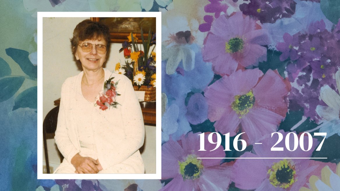 Photo of Franciscan Sister of Perpetual Adoration Margaret Ann Schlosser wearing pink dress and corsage over background of painted pin, purple, blue and yellow flowers