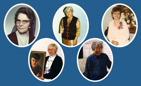 Five oval portraits framed in white of Franciscan Sisters of Perpetual Adoration over navy blue background