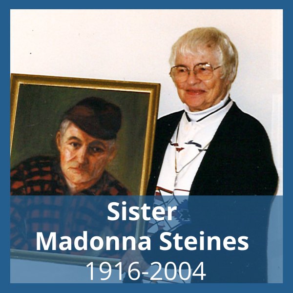 Picture of woman with short white hair wearing glasses, white shirt and black sweater holding an oil panting of a man wearing a black hat and black and red checked shirt in front of a white wall