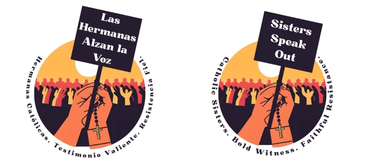 Sisters Speak Out graphic includes hands holding a rosary and a sign that reads Sisters Speak Out