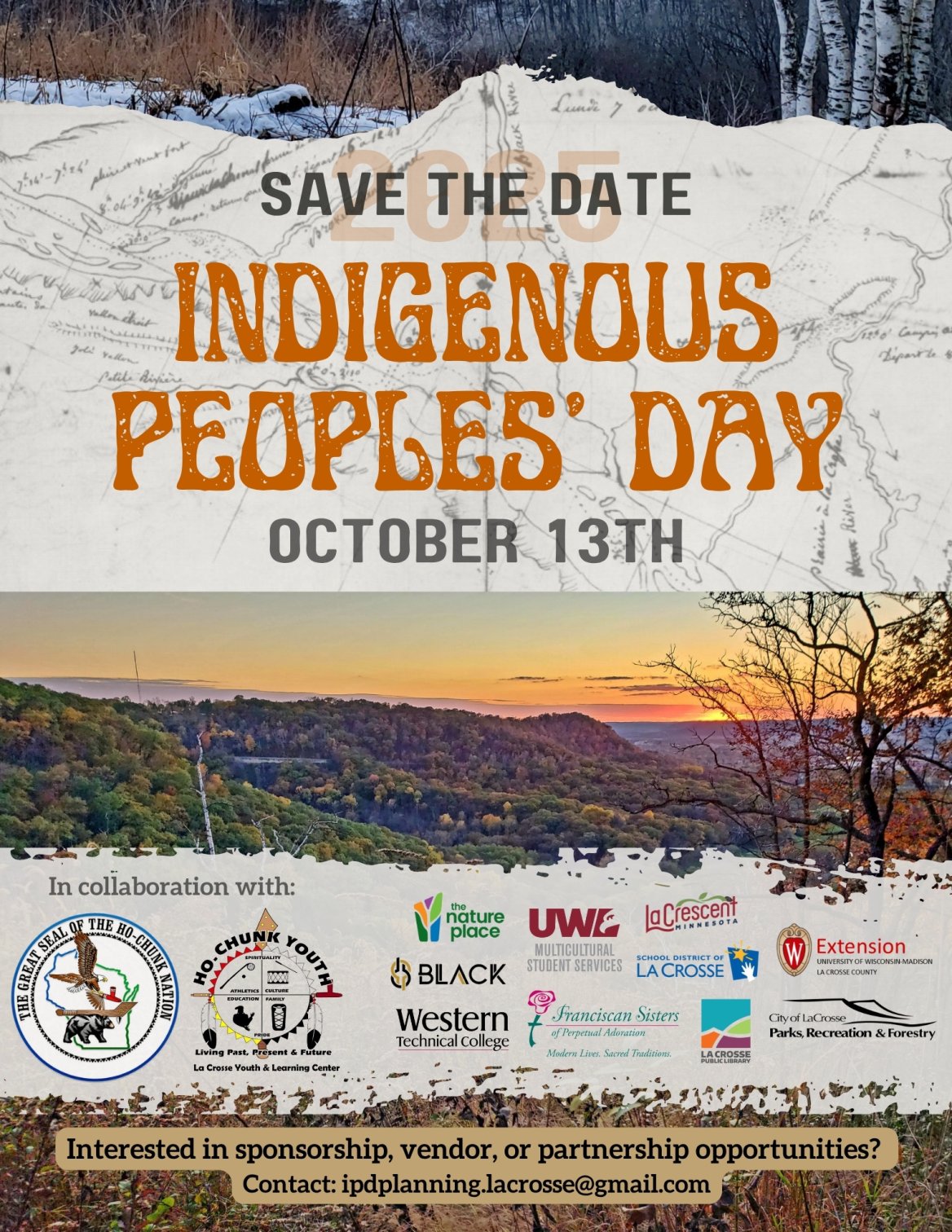Save the Date poster for Indigenous Peoples' Day Oct. 13, 2025 includes a scenic view of bluffs at sunset