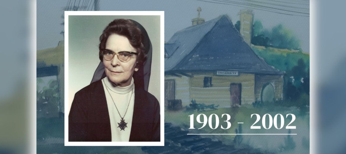 A picture of Franciscan Sister of Perpetual Adoration Rosita Weiler wearing black habit, white shirt, black sweater, black glasses and silver medallion over a painting of a train depot and tracks.