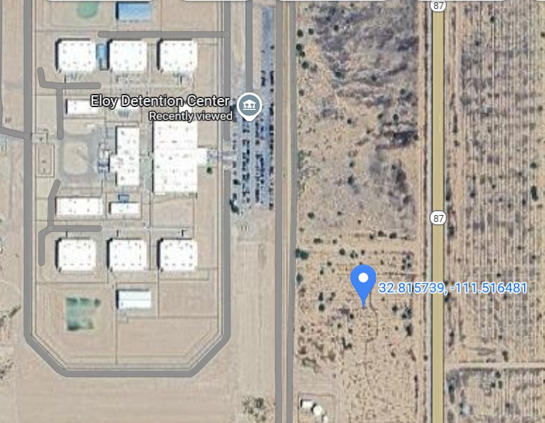 map includes location of Eloy Detention Center and a blue pin in the distance indicating event location