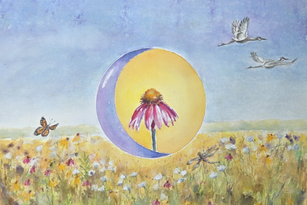 watercolor painting of a moon, sun and flowers