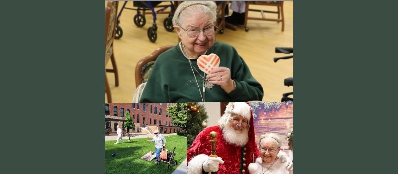 Sister Therese Wolf posing with a heart shape cookie and with Santa in another photo and playing bean bags in another photo