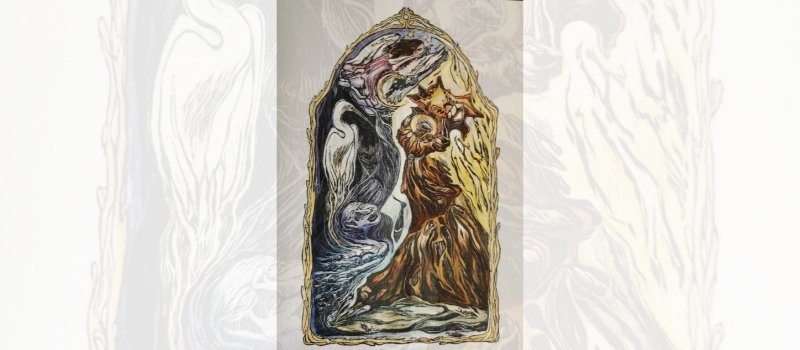 a painting that includes a heron, angel and fire depicting St. Francis' Canticle of Creation prayer