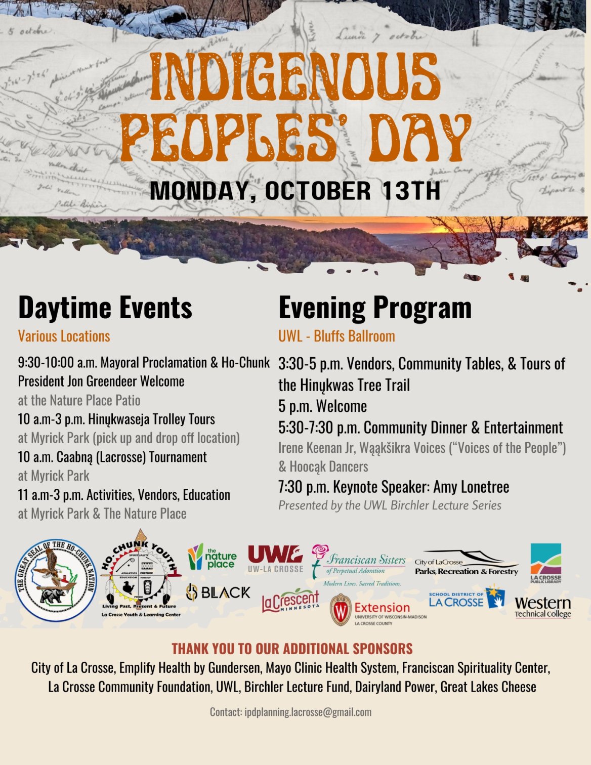event flyer outlining all of the details for the indigenous peoples' day celebration in La Crosse, Wisconsin