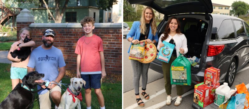Community members at the pet blessing and FSPA partners in mission delivering pet supplies