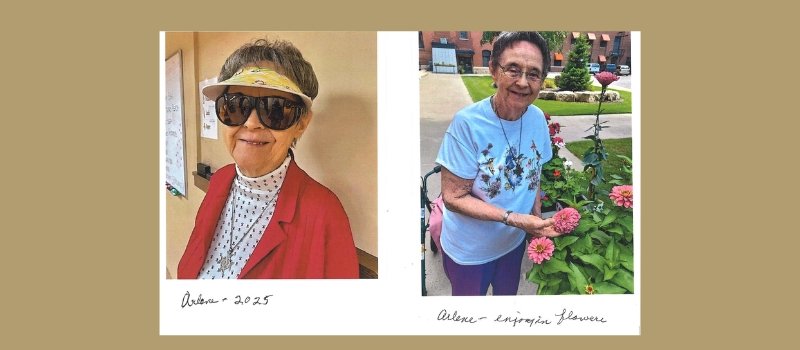 two photo of sister arlene melder where she's posing for the camera; one photo she's wearing a yellow visor and the other photo she is standing next to pink flowers