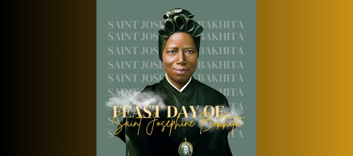 an image of saint josephine bakhita's portrait is pictured surrounded by text that reads Feast Day of Saint Josephine Bakhita