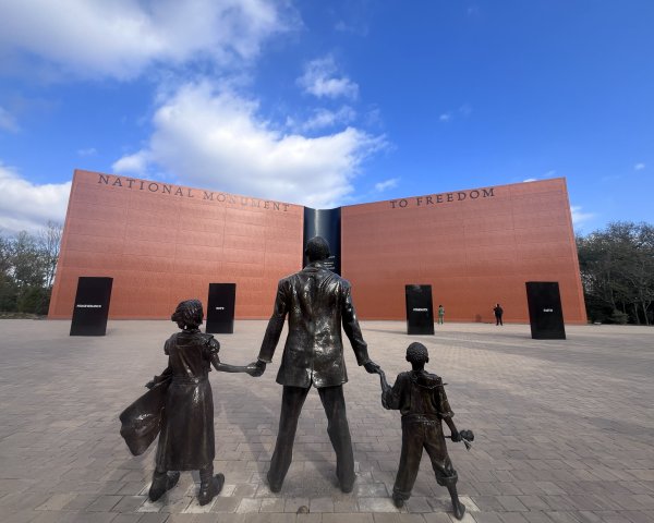 Slave monument engraved with names at the National Memorial for Peace and Justice in Montgomery, Alabama