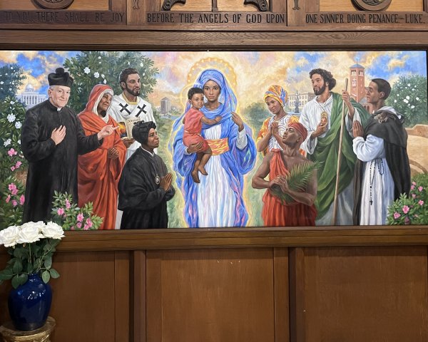 Vibrantly colored painting featuring black saints