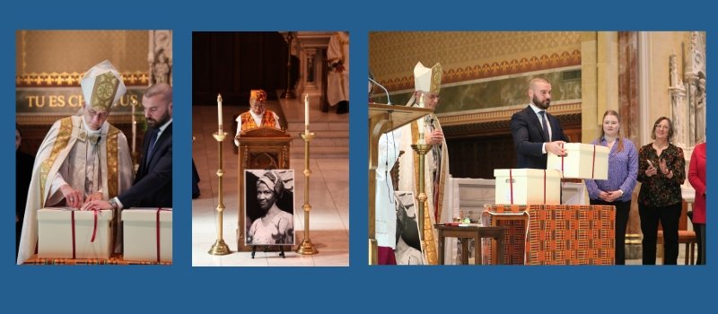 bishop kopacz tying a red ribbon around a white box that contains thea documents. In another photo a woman is speaking behind a photo of sister thea. Another photo includes a man holding up a white box containing Thea documents.