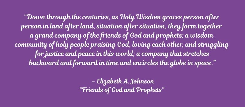 image contains a quote from elizabeth johnson's book friends of god an prophets