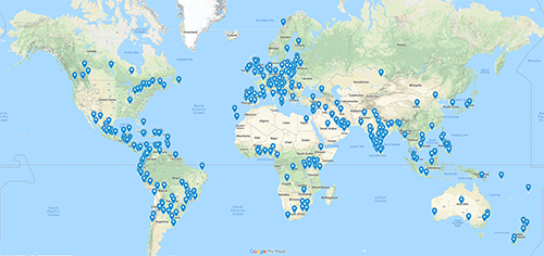 Map with pins showing everywhere a prayer request to FSPA has come from