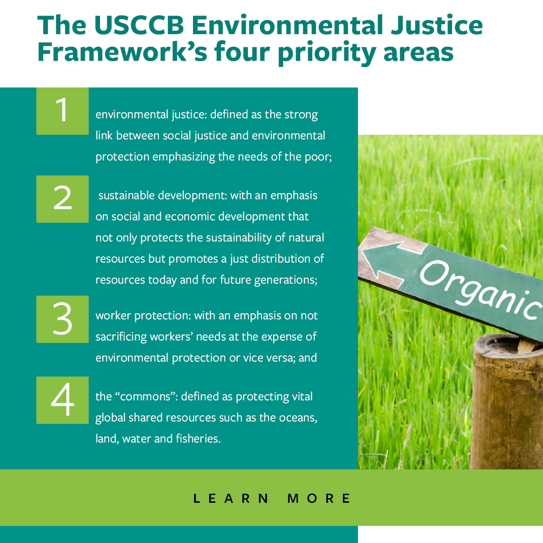The USCCB Environmental Justice Framework’s four priority areas include:  (1) environmental justice: defined as the strong link between social justice and environmental protection emphasizing the needs of the poor; (2) sustainable development: with an emphasis on social and economic development that not only protects the sustainability of natural resources but promotes a just distribution of resources today and for future generations; (3) worker protection: with an emphasis on not sacrificing workers' needs at the expense of environmental protection or vice versa; and (4) the "commons": defined as protecting vital global shared resources such as the oceans, land, water and fisheries.