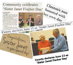 Headlines proclaiming Sister Janet Fischer day