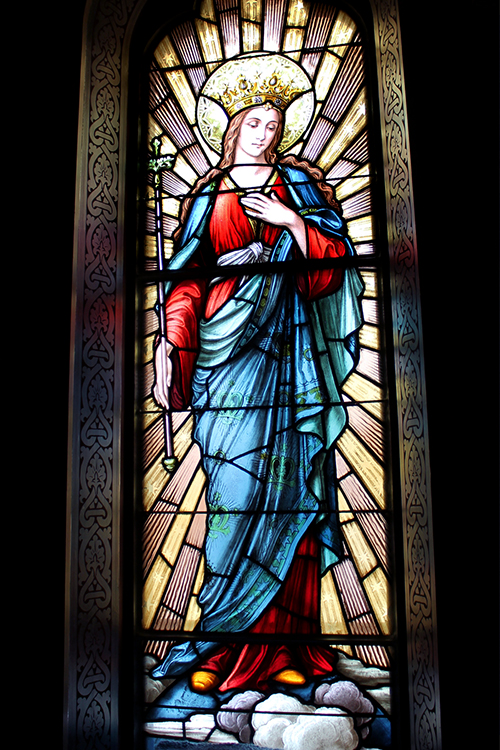 Queen Mary stained glass window in Perpetual Adoration Chapel, La Crosse, WI