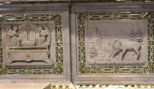 Relief sculptures under altar in Perpetual Adoration Chapel, La Crosse, WI