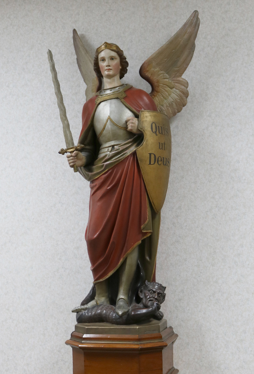 St. Michael statue in vestibule of Mary of the Angels Chapel, La Crosse, WI