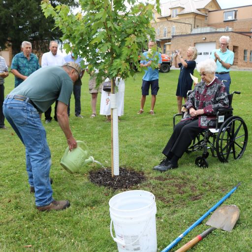 Steve Dewald plants a tree for Franciscan Sister of Perpetual Adoration Lydia Wendl